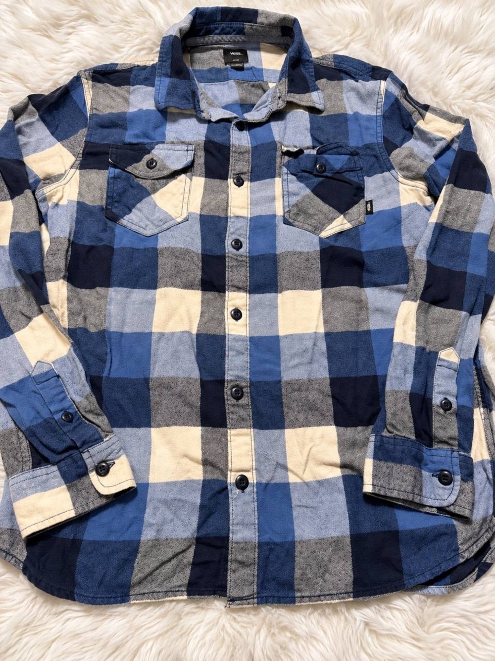 Vans Blue, Navy & Cream Long Sleeve Buffalo Flannel- Size Large